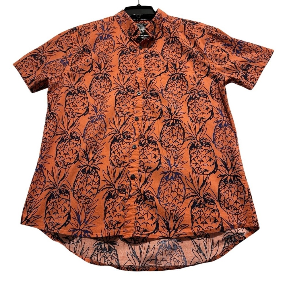 FIVE POINTS NYC Men Slim Fit Pineapple Print Short Sleeve Button Up Shirt Size M
